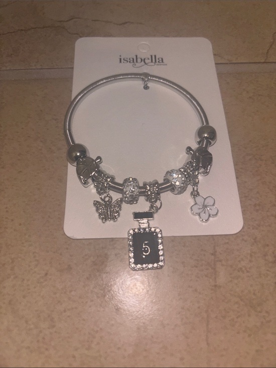 Abella Jewelry - Silver Charm Bangle with Perfume Bottle, Flower & Butterfly Charms